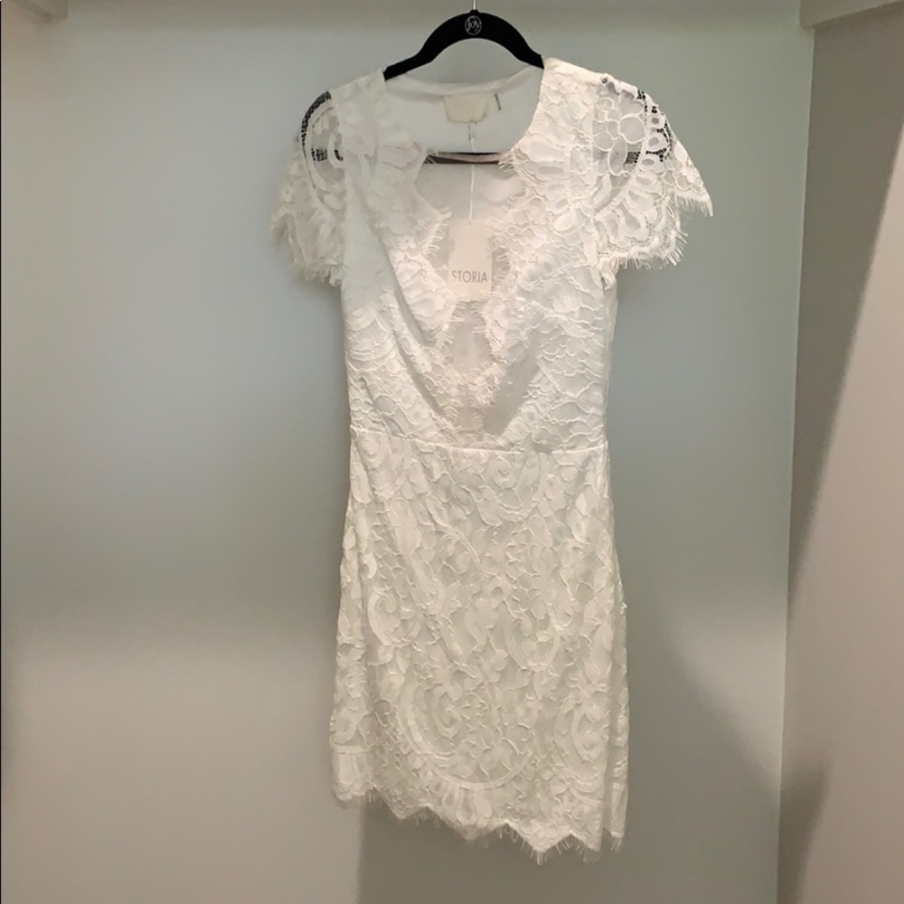 White Storia dress with mesh v neck detail